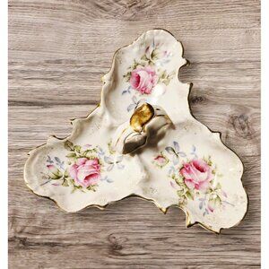 Incolay Dresden Rose Bon Bon Tray, Gold Trim